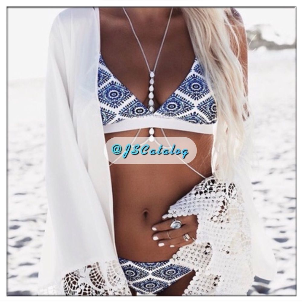 White Lined Cheeky Bottom w/ Blue Print Bikini Set